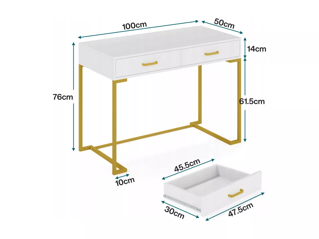Tribesigns Bureau d'ordinateur, 100 cm Bureau avec Rangement, Table de Bureau, Simple et Moderne, Cadre en méta pour Bureau, Chambre, Blanc/Doré
