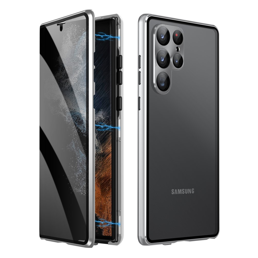 Samsung Galaxy S23 Ultra 5G Magnetische Alu Schutzhülle mit Panzer Glas Backcover   Privacy Display- / Kameraglasschutz (Verschlussmechanismus) - Silber