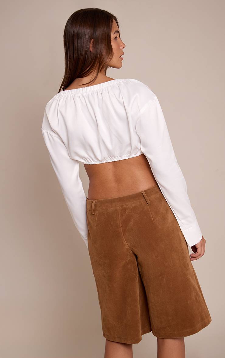 Blanc Blouse Courte En Satin À Épaules Dénudées Avec Détail Torsadé Devant