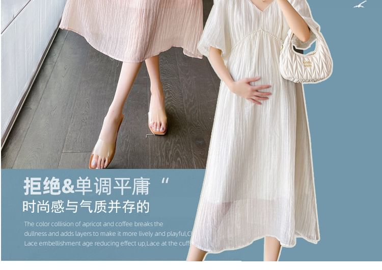 matteira - Maternity Puff-Sleeve V-Hals Effen Midi Zomerjurk