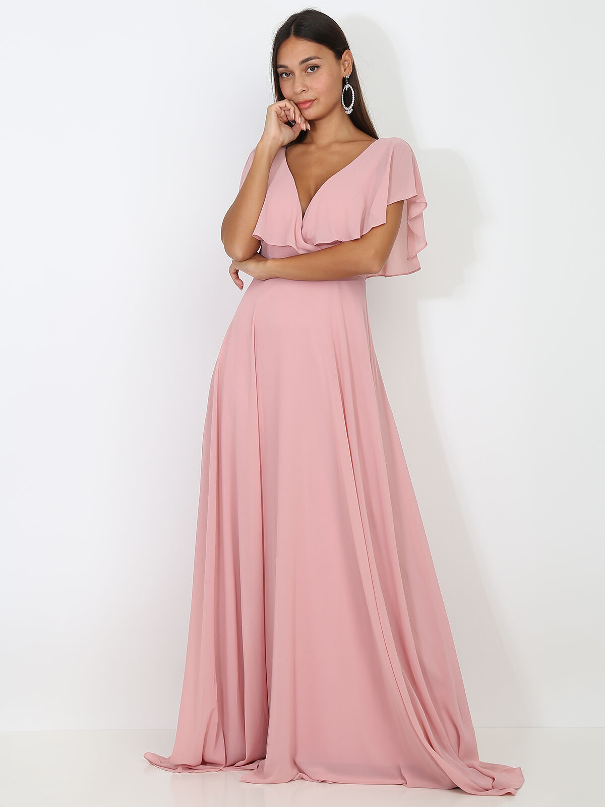 Robe longue décolleté à volants- Vieux rose