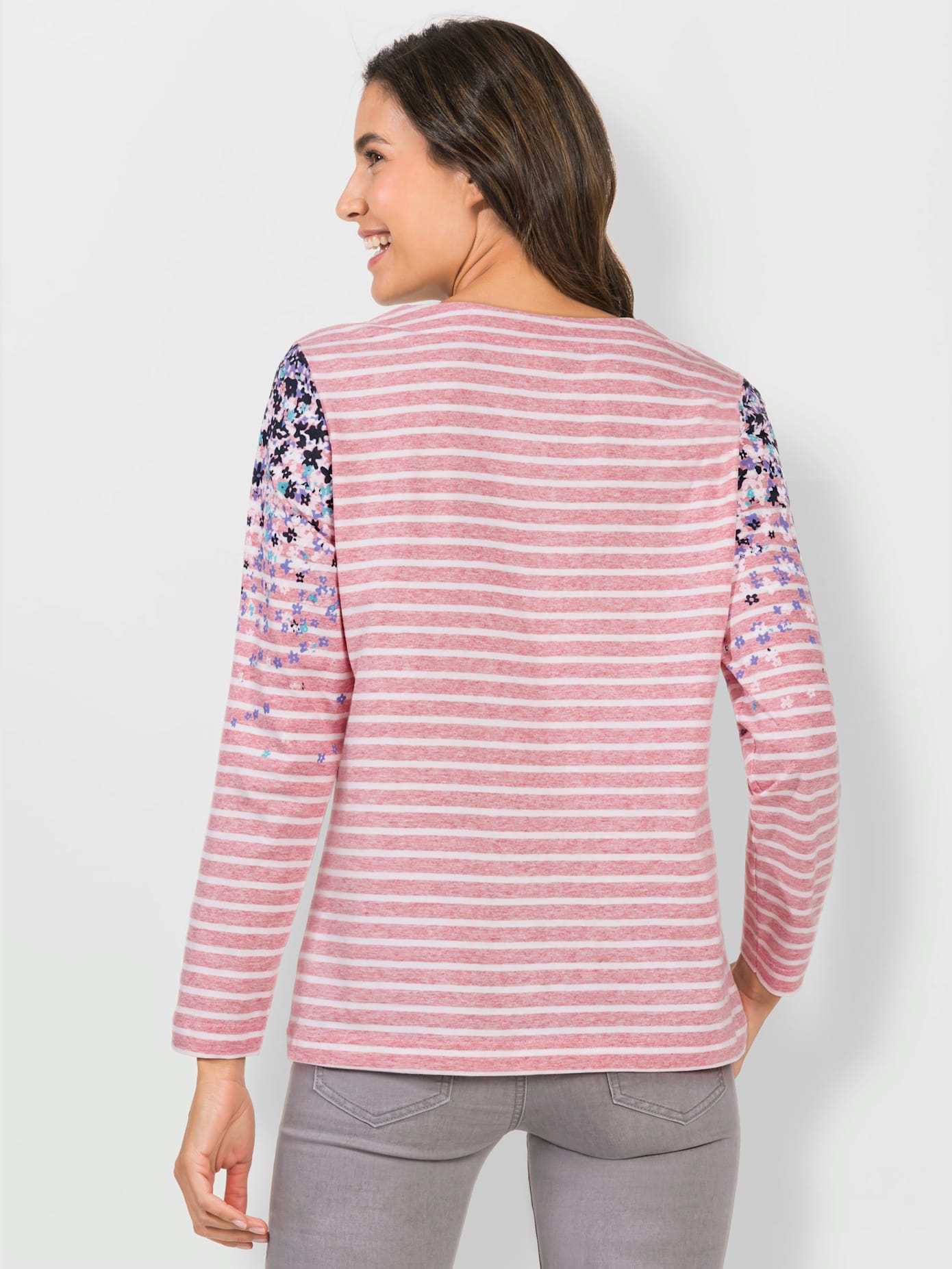 T-shirt rayé imprimé fleurs col rond manches longues