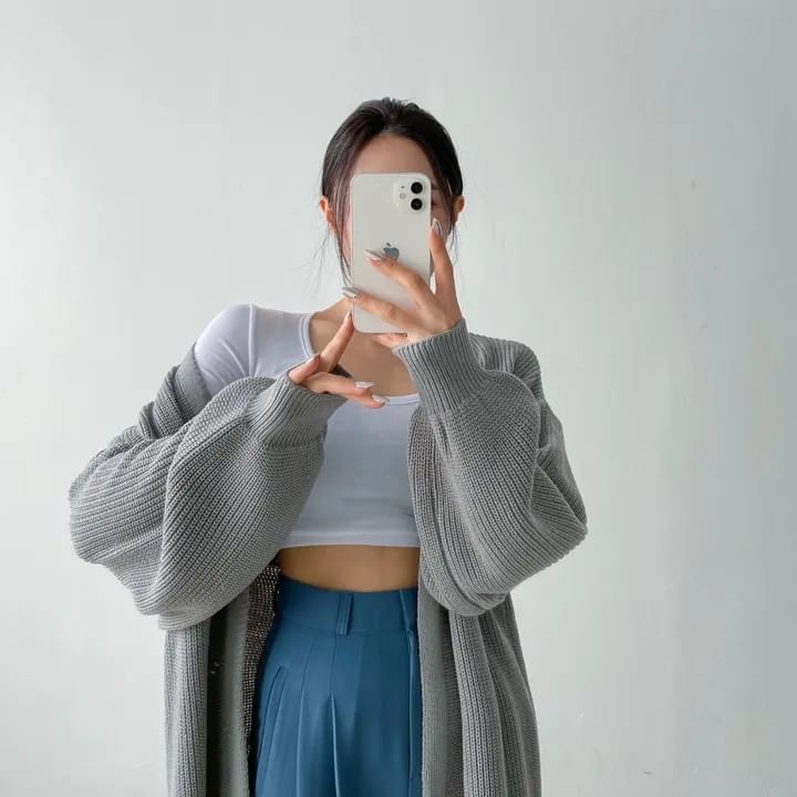 PINPI - Open Voorkant Effen Lange Cardigan