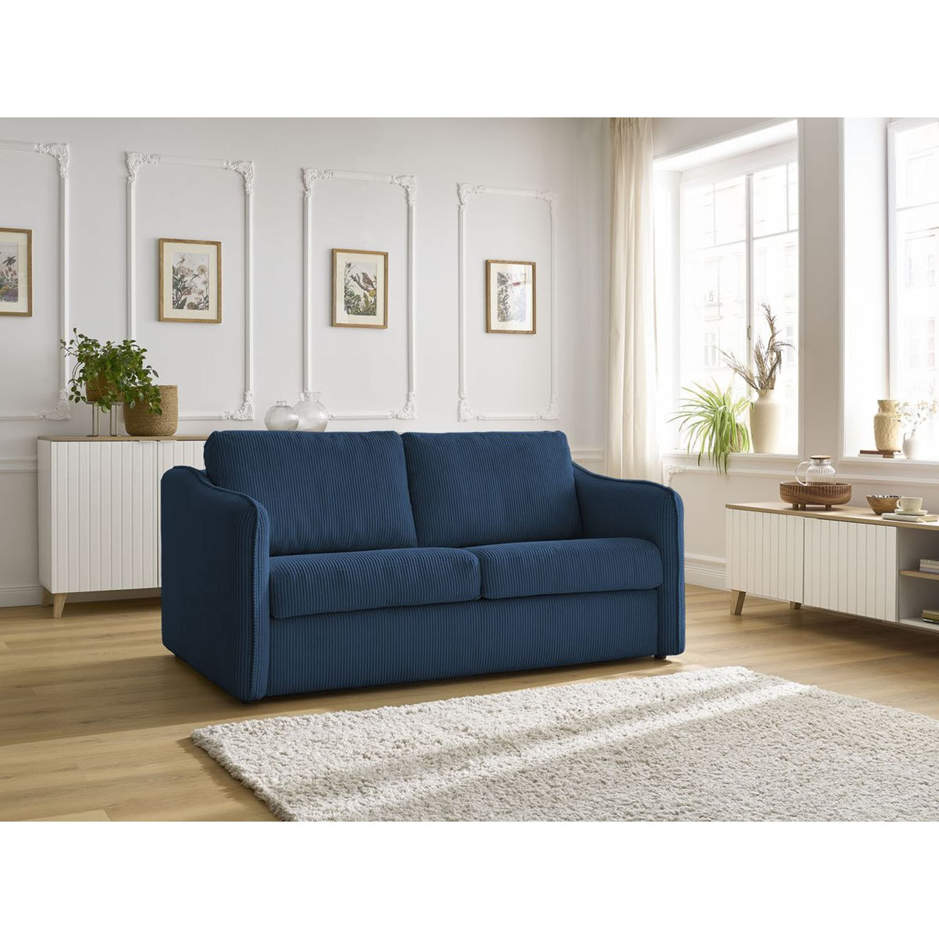 Bobochic Canapé droit convertible express en Velours côtelé 3 places Lenny bleu foncé - 178x102x89 cm