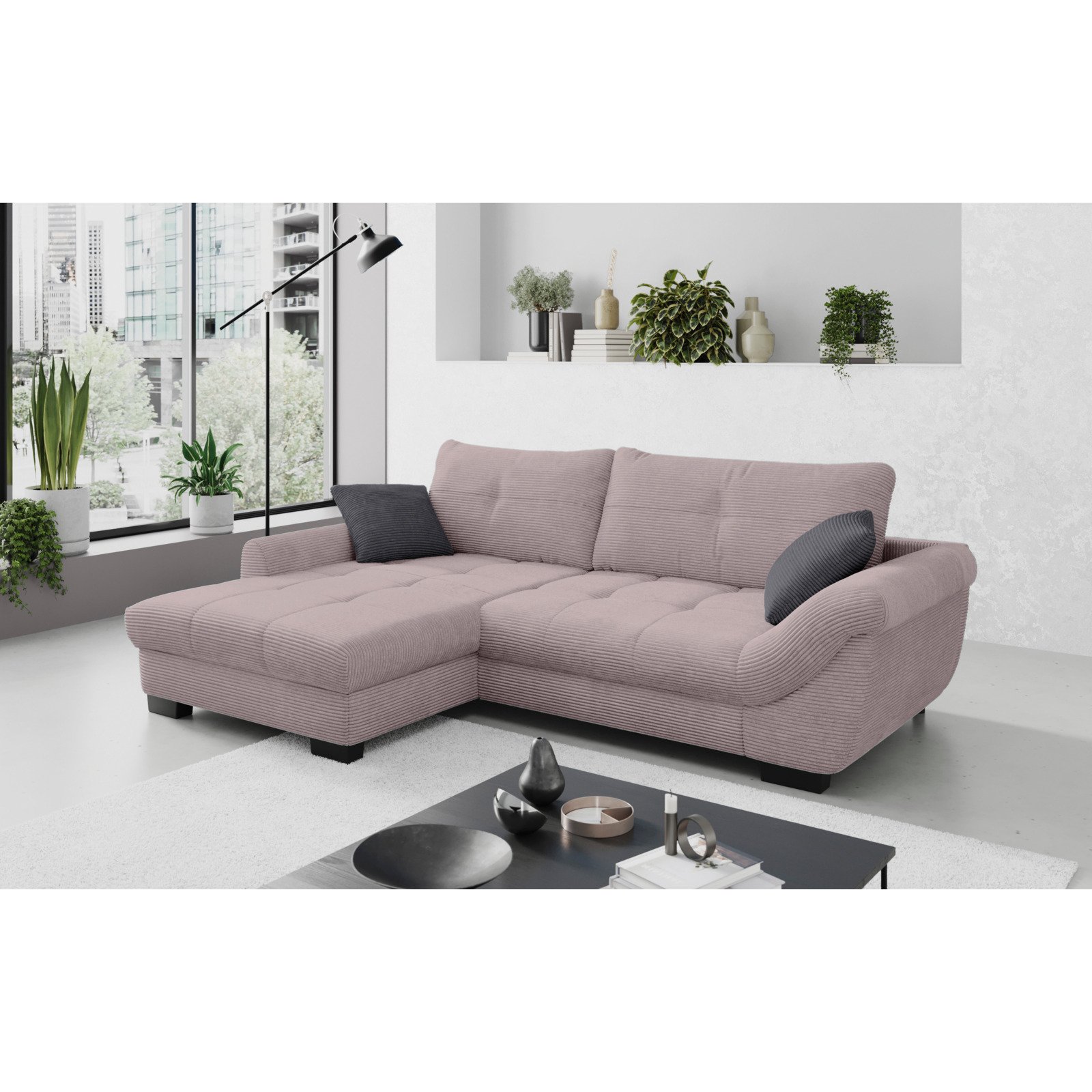 Ecksofa Desiree, Cordstoff flamingo, Recamière links