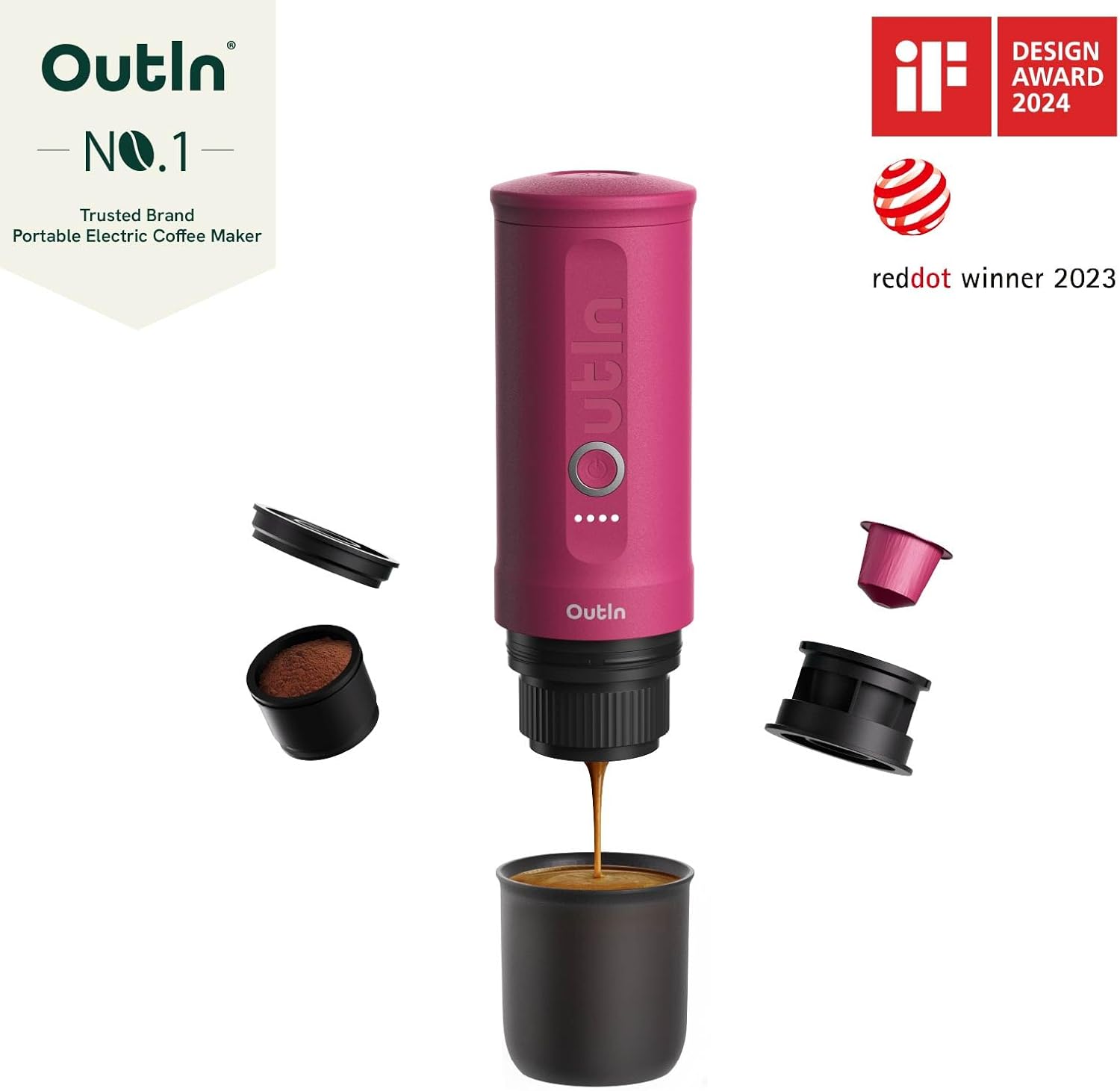 OutIn Nano Minimachine à espresso portable à piles avec auto-chauffage en 3-4 minutes, petite cafetière de voiture 20 bars 12V 24 V avec mallette de transport, capsules NS (Sarcelle D'été)