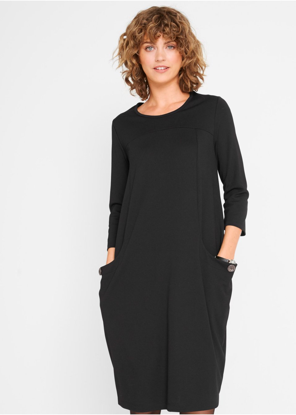 Robe ballon longueur genou en Punto di Roma avec poches, manches 3/4