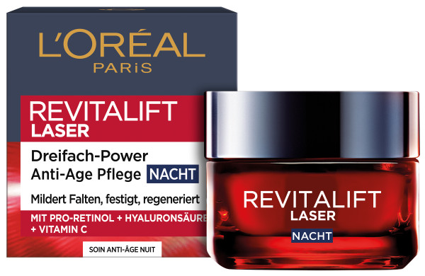 L'Oréal Paris Maquillage Revitalift Laser X3 Dreifach-Power Anti-Age Nachtpflege mit Pro-Retinol   Hyaluronsäure   Vitamin C 50 ml