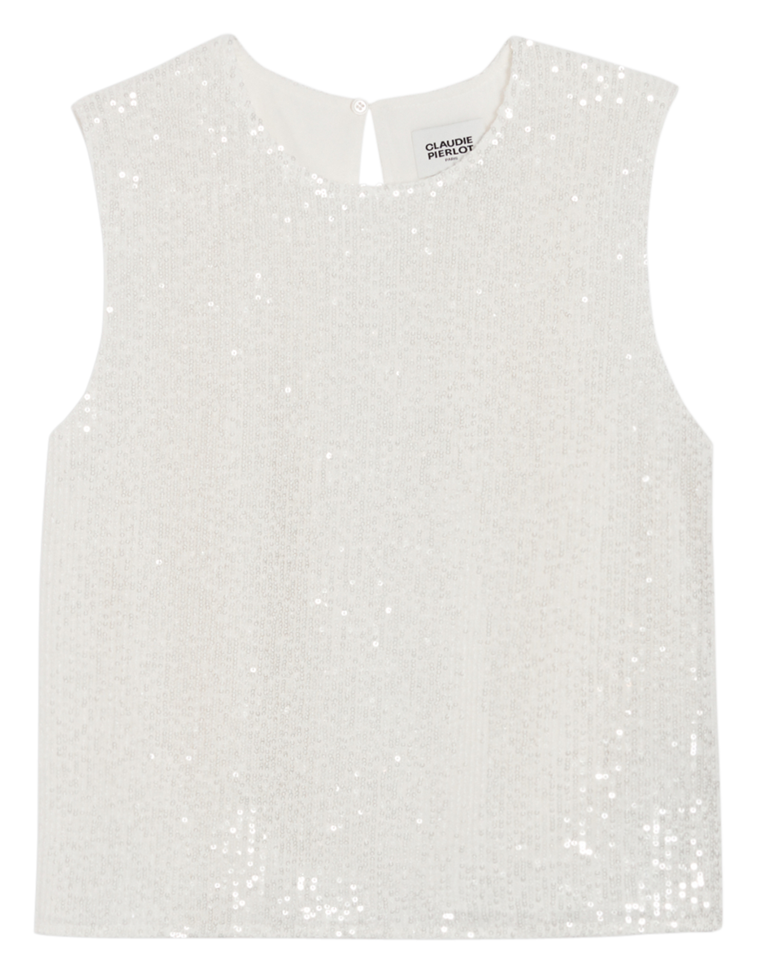 Top col rond brodé à sequins| Blanc