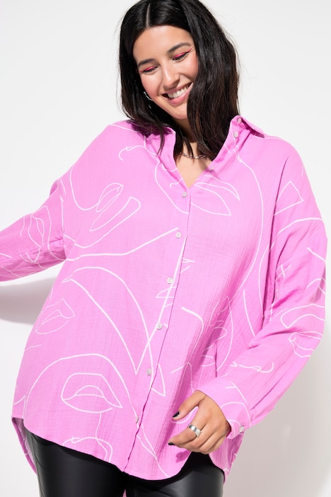 Hemdbluse, oversized, Musselin, Print, Langarm