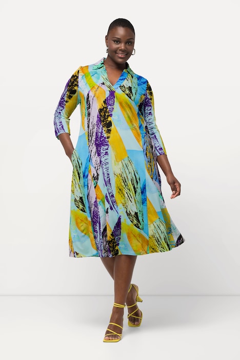 Slinky-Piqué-Kleid, A-Linie, Hemdkragen, V-Ausschnitt, 3/4-Arm
