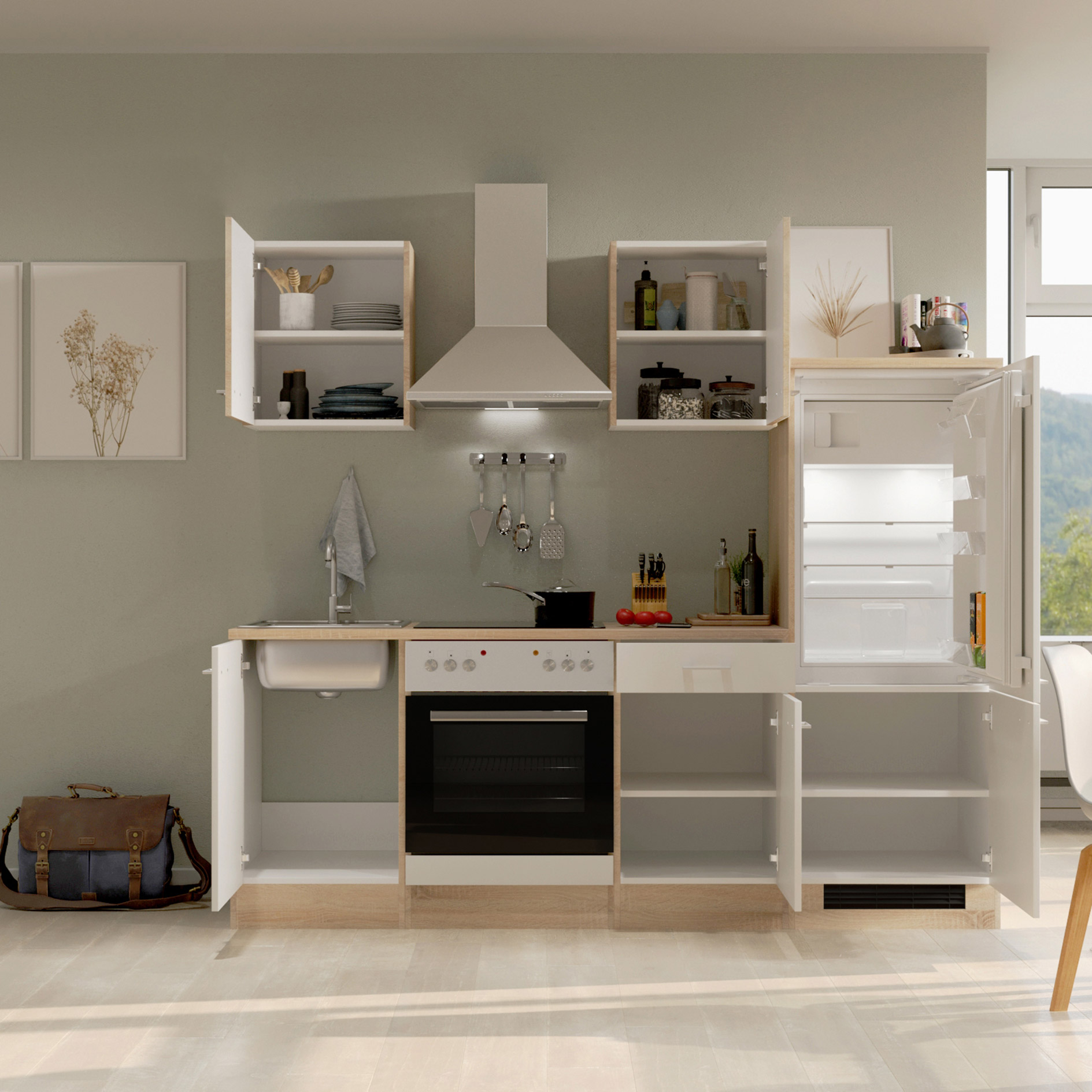 Küchenblock SAMOA - weiß - Sonoma Eiche - mit E-Geräten - 220 cm