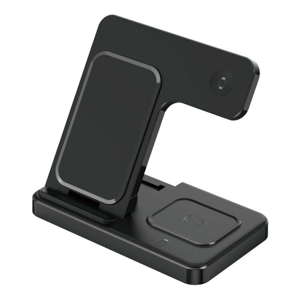 (15W) 3in1 Ladegerät Qi Wireless Charger Faltbarer Ladeständer für Apple Watch / Smartphone / AirPods - Schwarz