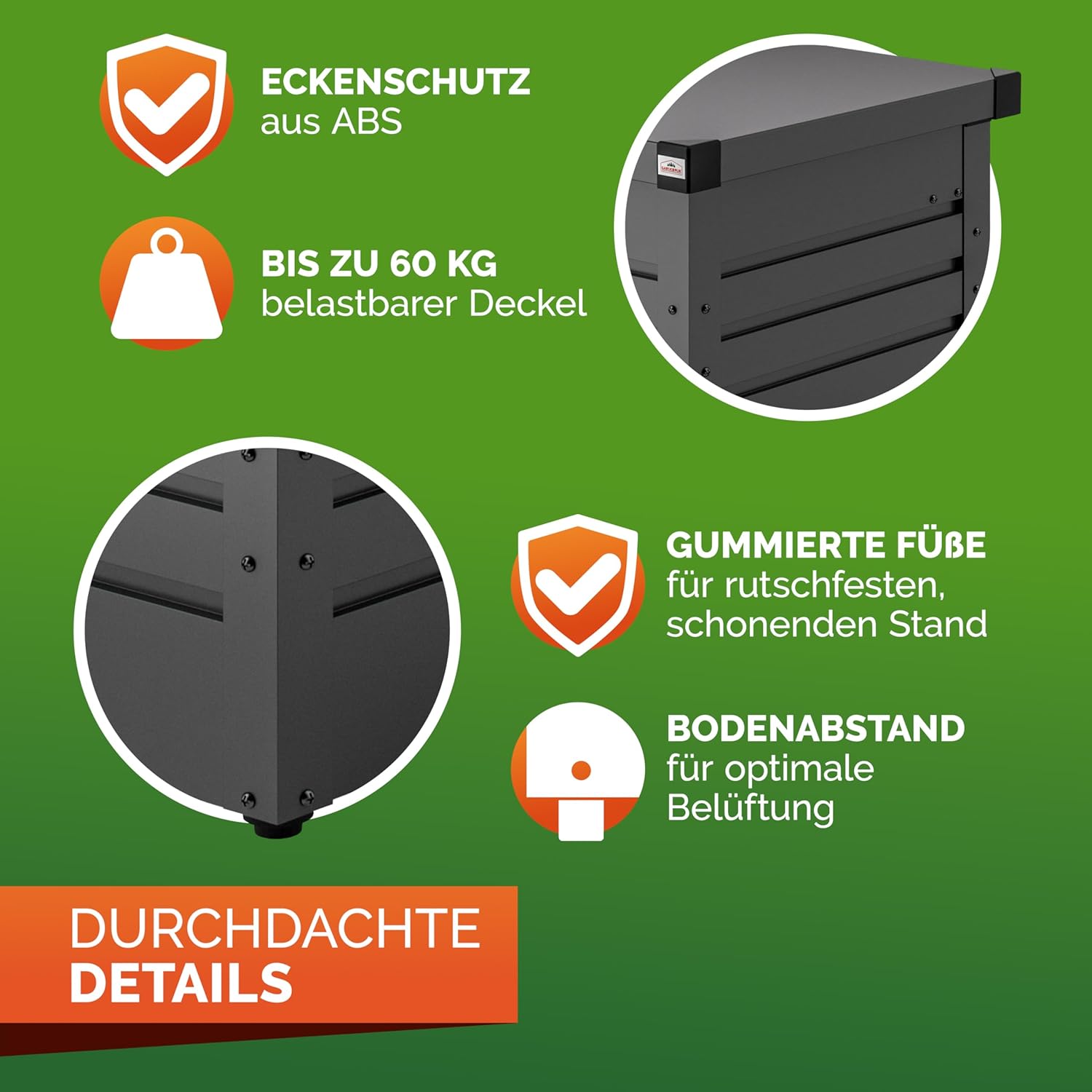 Gardebruk® Auflagenbox 385L Volumen Metall Abschließbar Gasdruckfeder 120x62cm Wetterfest Garten Balkon Keller Gartenbox Gartentruhe Anthrazit