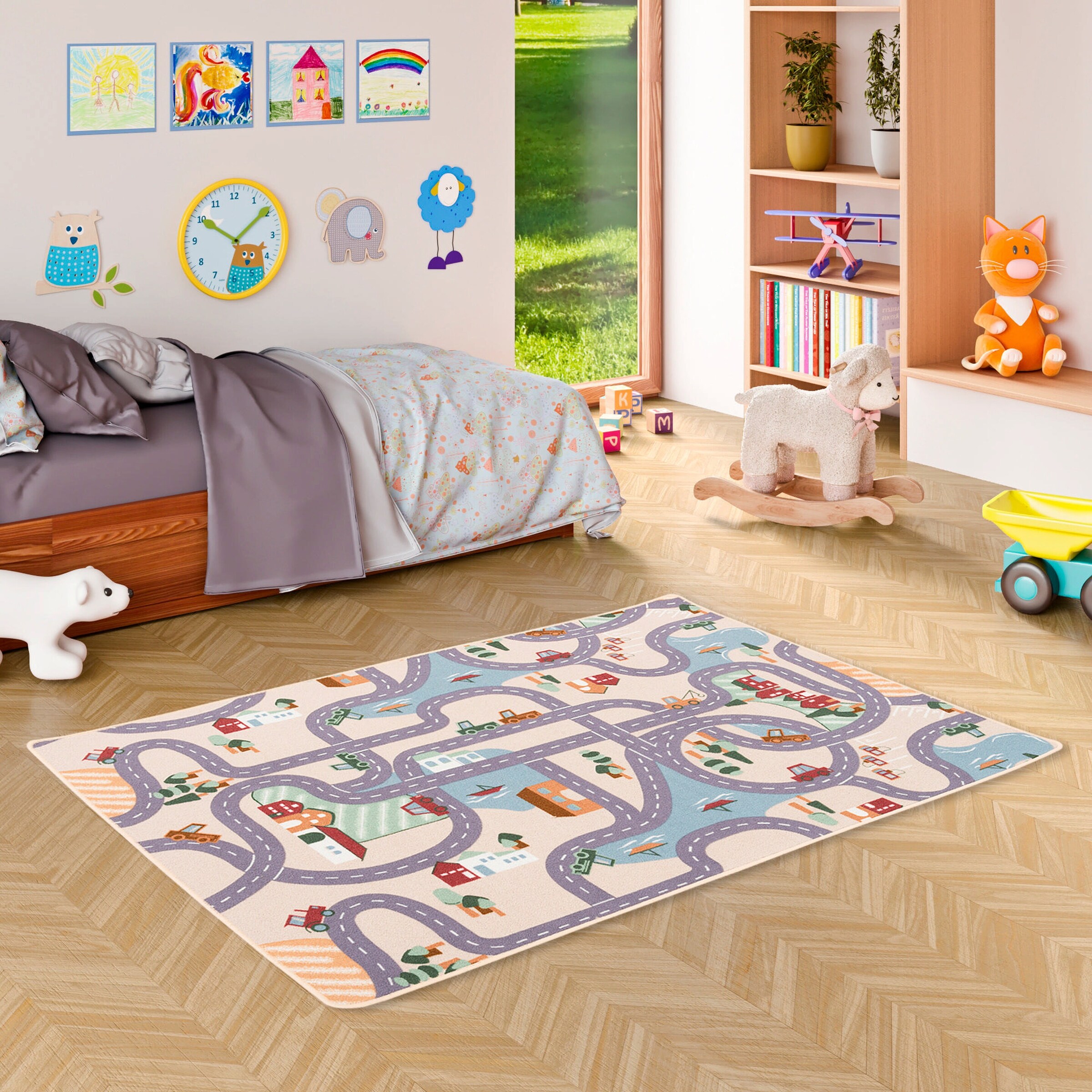 Snapstyle Kinder Spiel Straßenteppich Fun Town Beige Bunt