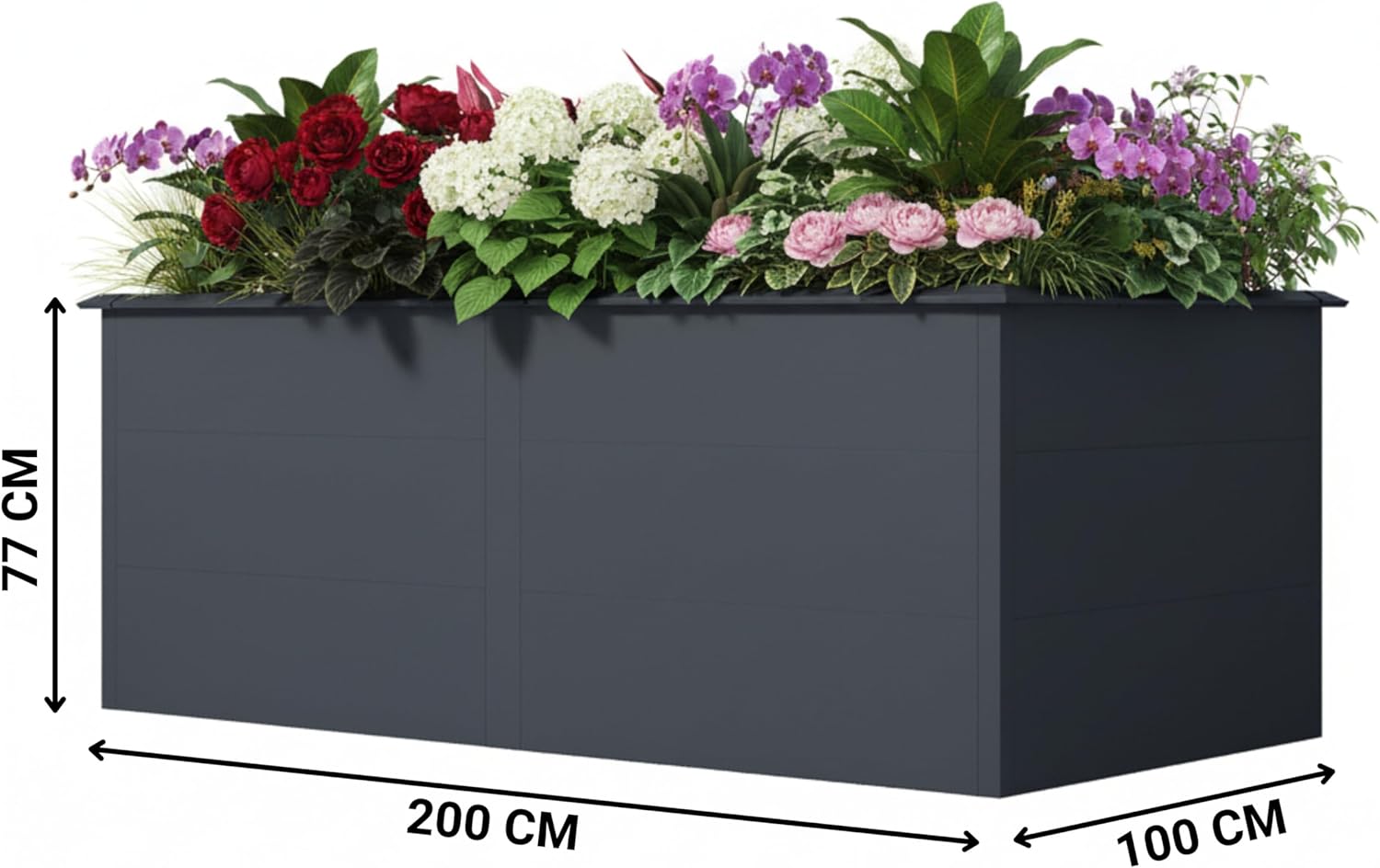 Hochbeet Metall Anthrazit - Premium Hochbeet aus pulverbeschichtetem Stahlblech für Garten, Schneckenschutz, wetterfest, ideal für Kräuterbeet, Frühbeet & Blumenkasten (XL: B200cm x T100cm x H77cm)
