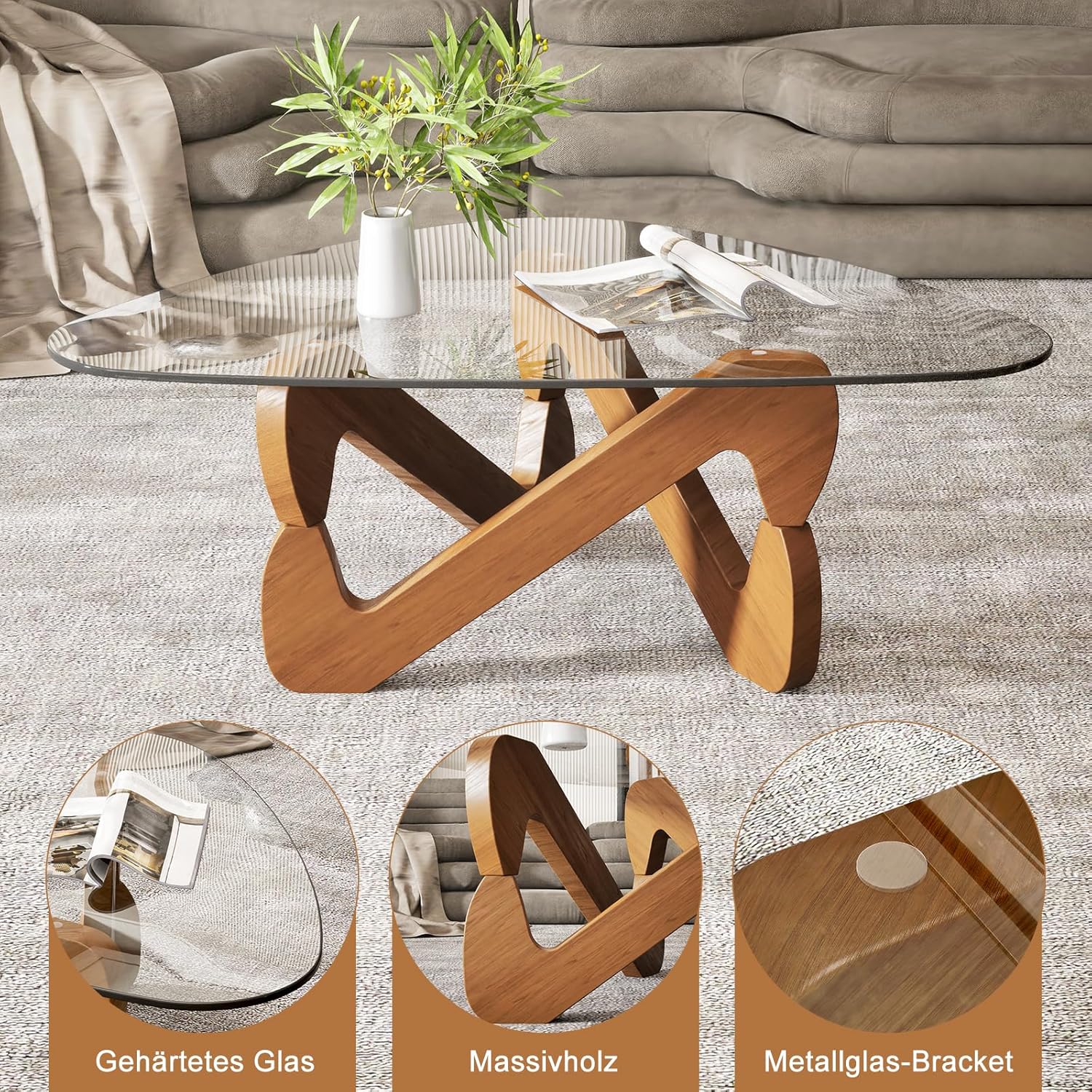 TWSOUL Dreieckiger Couchtisch aus Glas, Modern Wohnzimmertisch, Durchsichtig Couchtisch mit Holz Base, Ausgefallene Kaffeetisch für Wohnzimmer (Transparent)