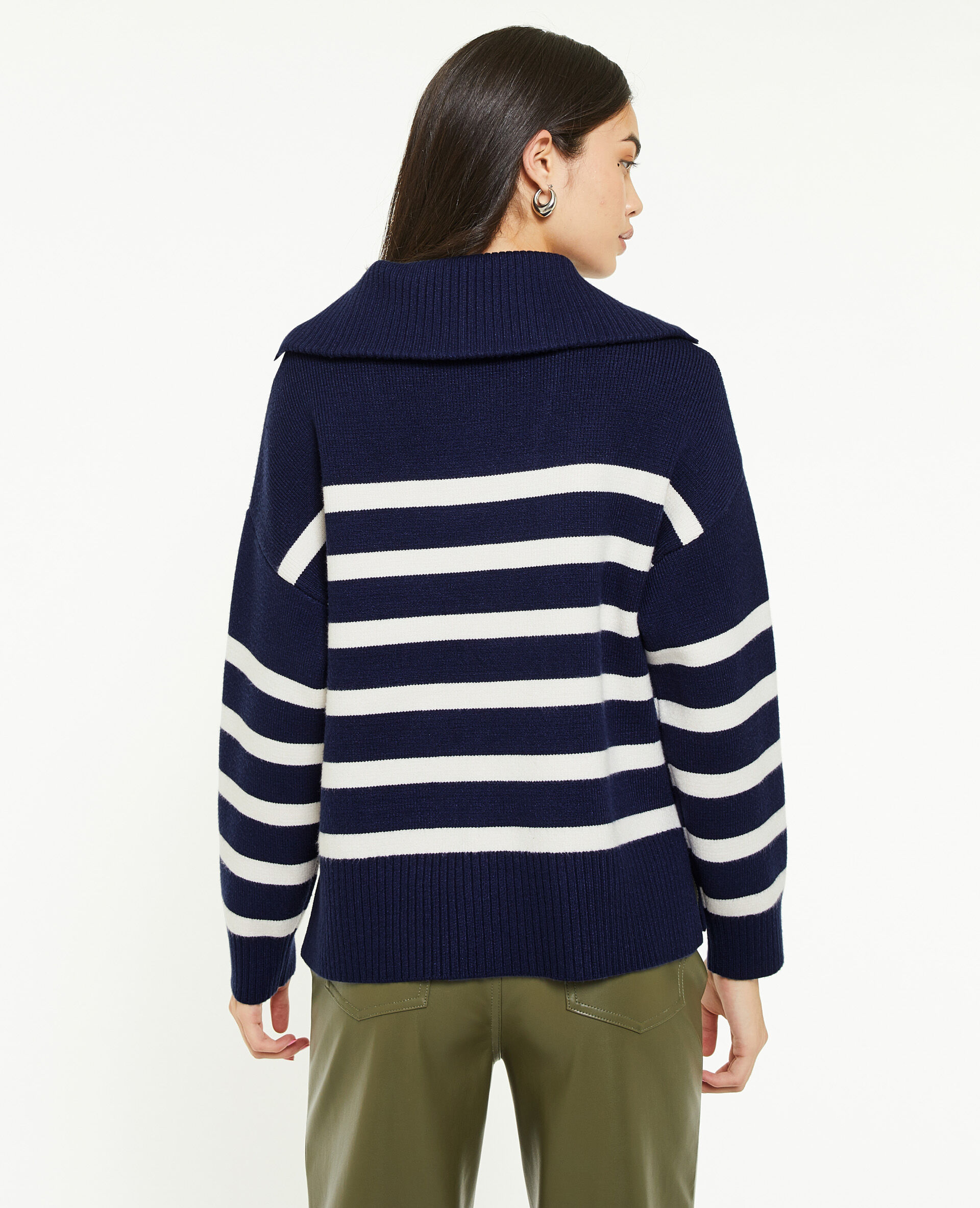 Pull droit col camionneur rayé - Bleu marine