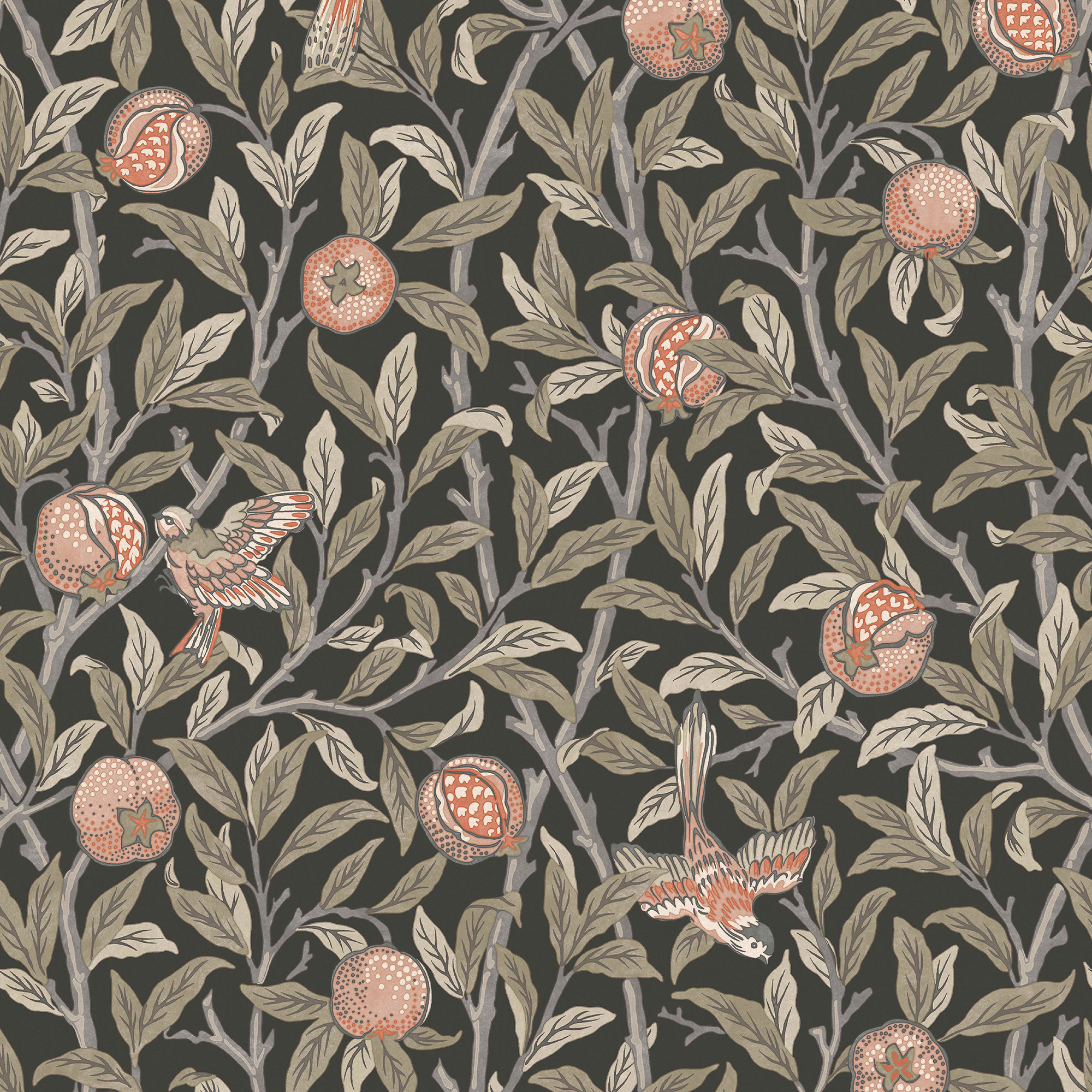 Vliesbehang bird & pomegranate charcoal