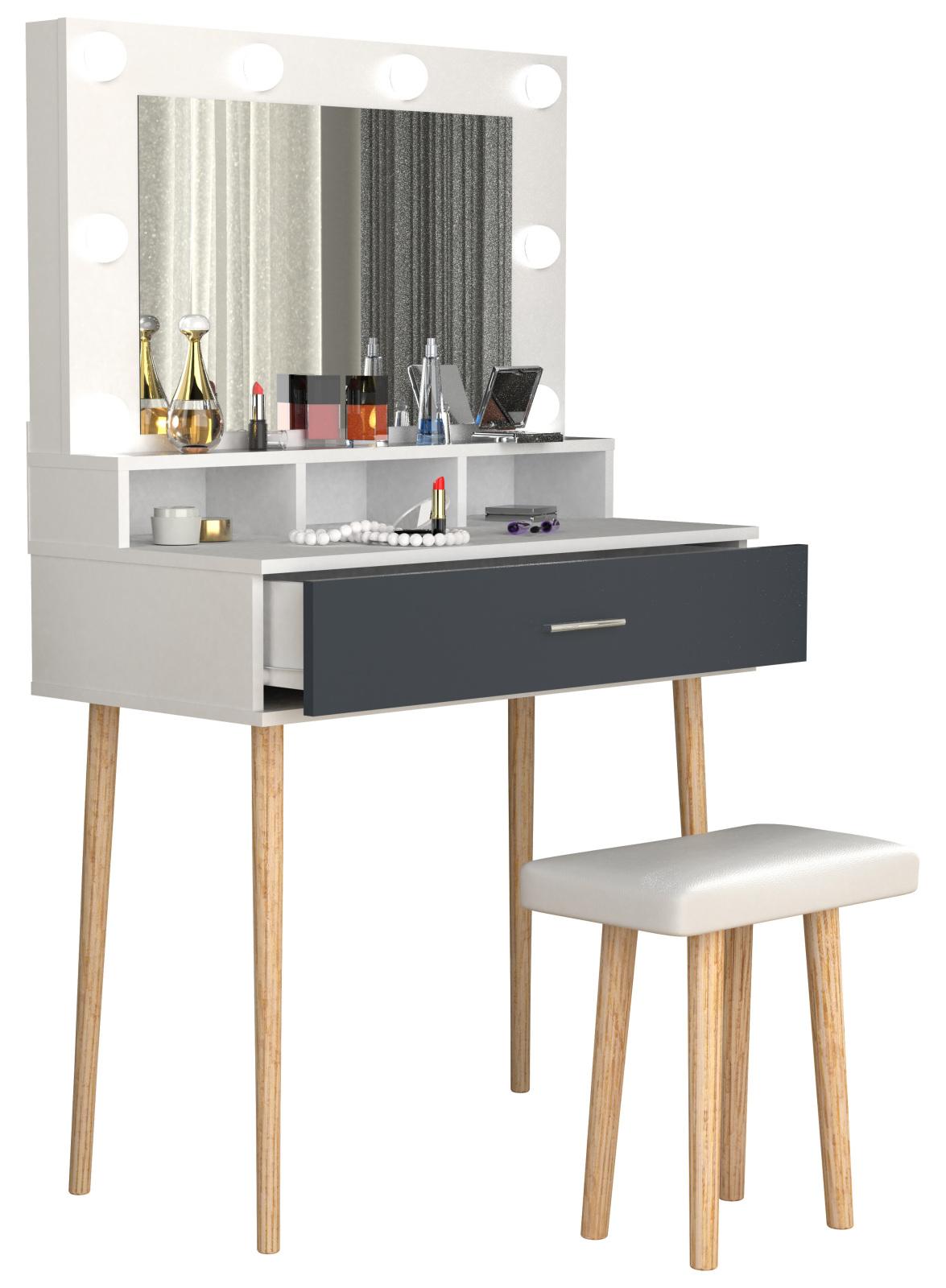 2-teiliges Schminktisch-Set LINDAS - weiß - anthrazit - mit Beleuchtung