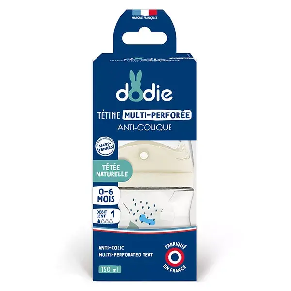 Mamadeira Dodie com bico anticólica multiperfurado, azul, 150ml