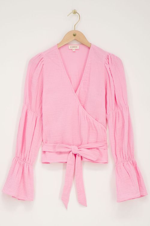Roze blouse met wijde mouwen en strik