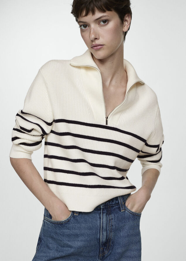 MANGO Striped sweater with zip Navy