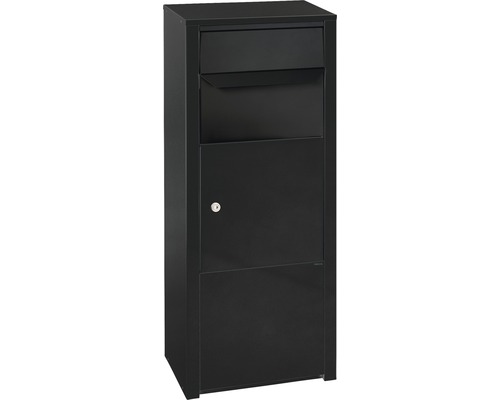 MEFA pakketbrievenbus, gepoedercoat staal, BxHxD 352/952/200 mm, Rowan 471, gitzwart RAL 9005, met klep, toegang aan de voorzijde