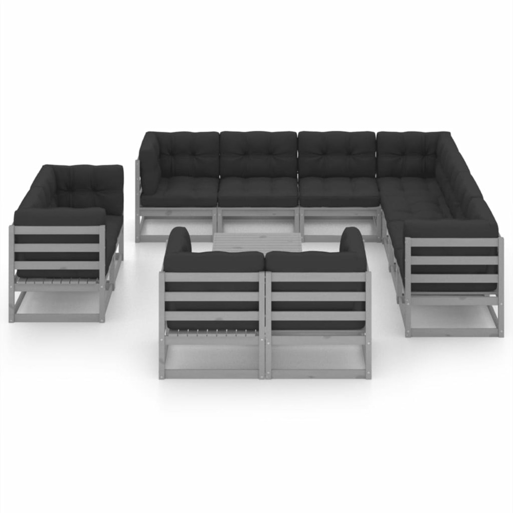 Salon de jardin meuble d'extérieur ensemble de mobilier 12 pièces avec coussins gris bois de pin massif