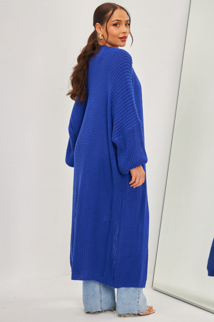 Gilet long bleu électrique en grosses mailles