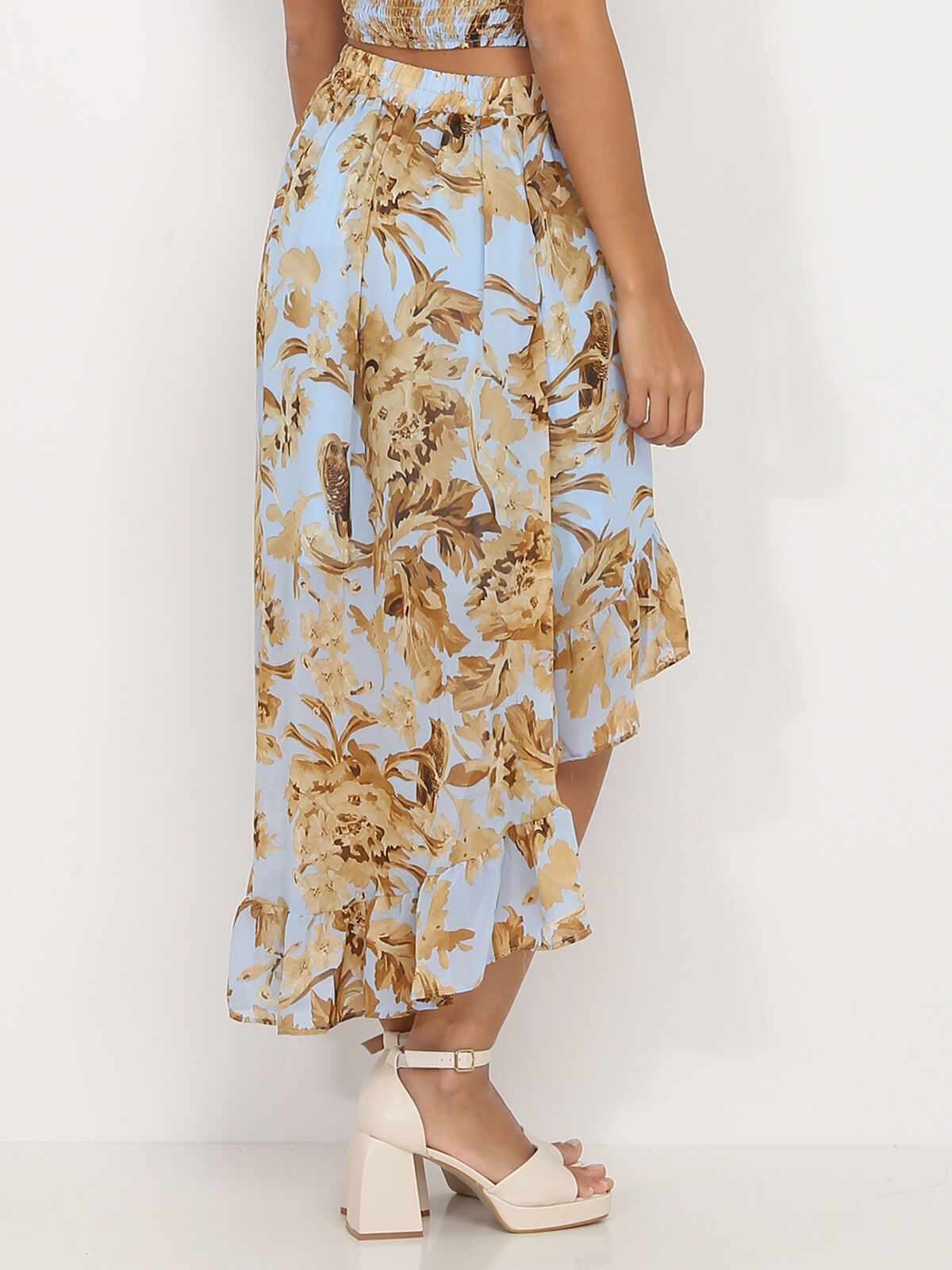 Jupe asymétrique à motif printanier- Bleu clair