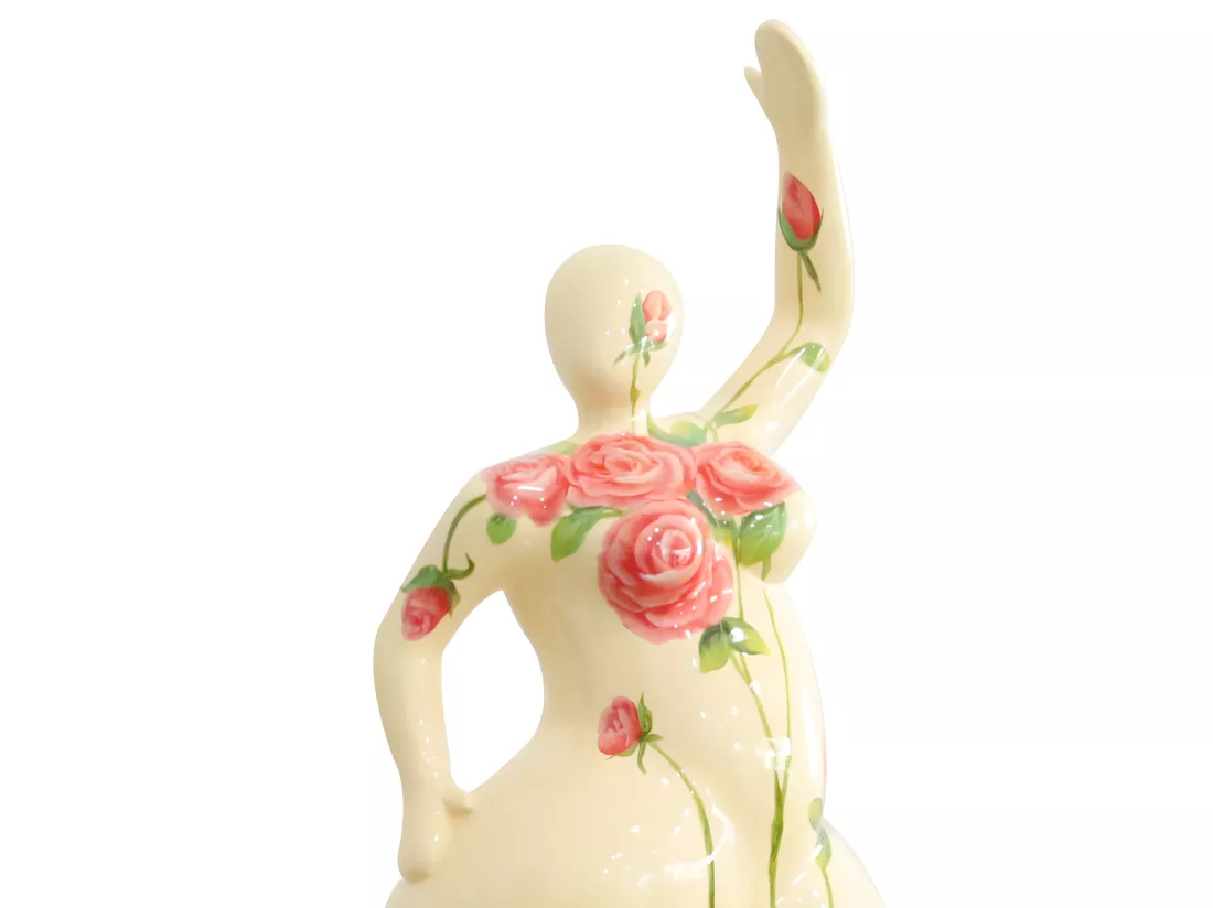 Statue femme jambe pliée beige avec fleurs roses H60 cm - LADY ROSE