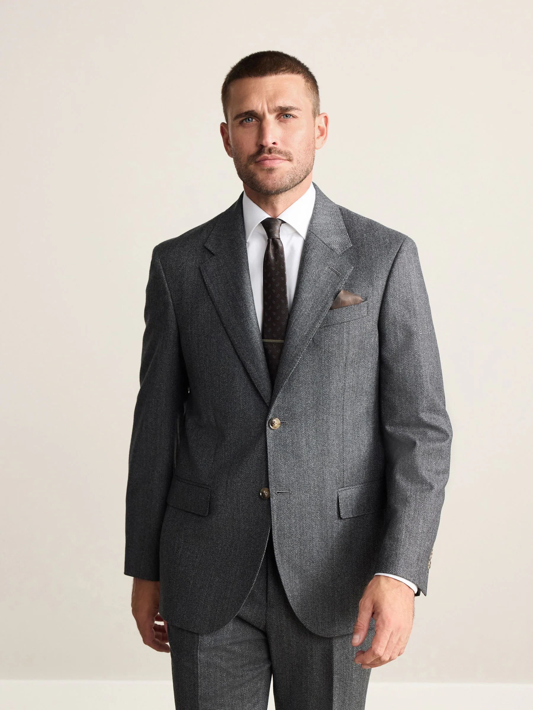 Antraciet - Regular Fit Signature Marzotto 100% Italian Wool Herringbone Suit Jacket