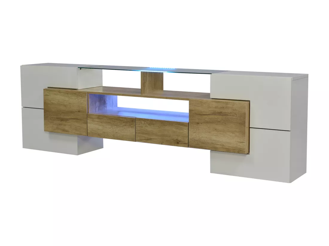 Meuble TV - 200x38x48cm LED brillant blanc et gris - finition verre - 6 portes de rangement 2 tiroirs 3 compartiments - coloris