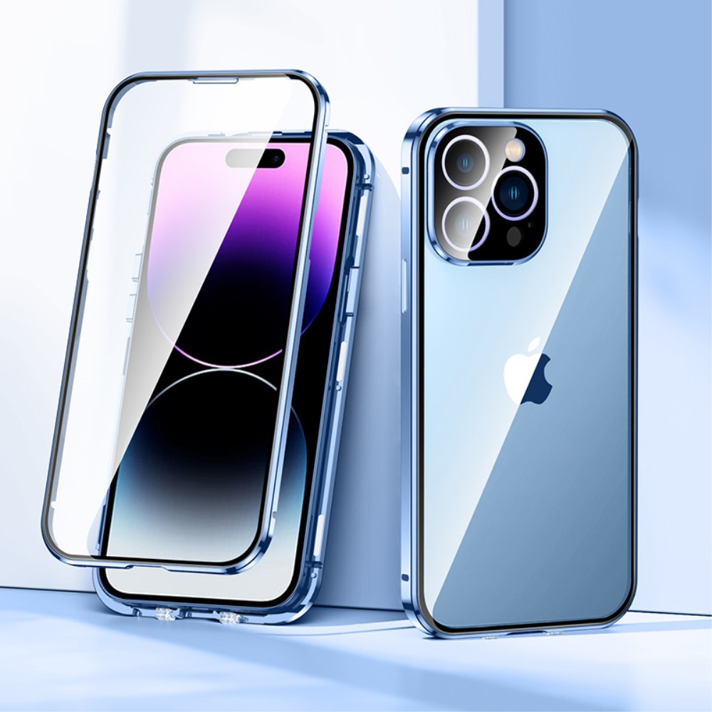 iPhone 14 Pro Magnetische Alu Schutzhülle mit Panzer Glas Backcover   Display- / Kameraglasschutz (Magnet-Technologie) - Blau