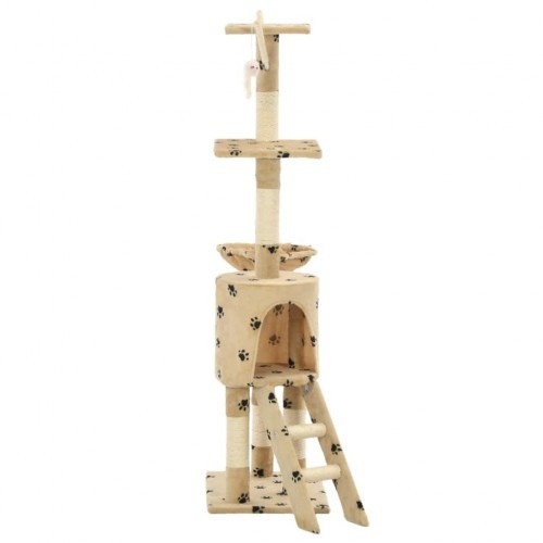 Arranhador bege para gatos com estampa de sisal e pegadas.