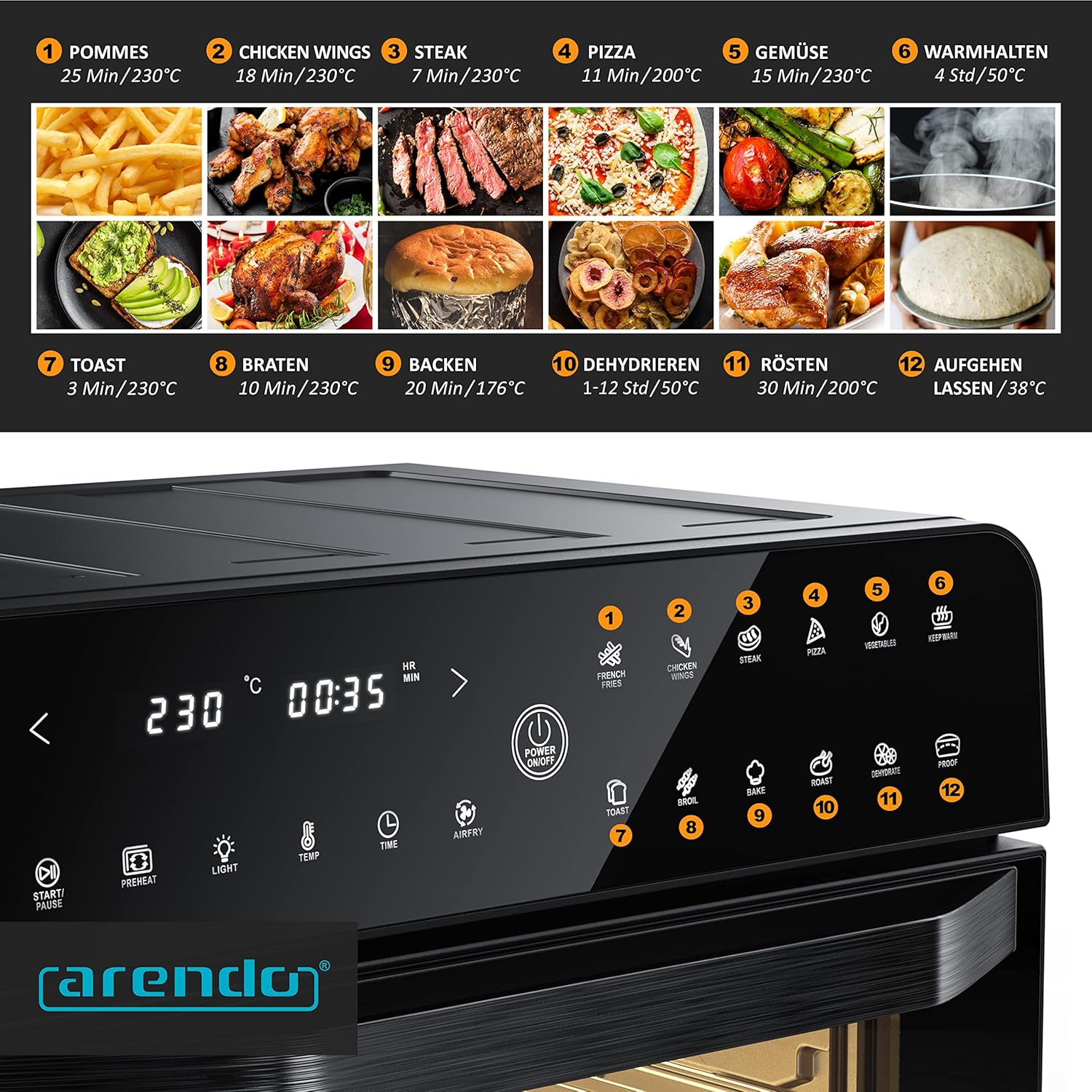 Arendo - Heißluftfritteuse 25 Liter Edelstahl - Multifunktionsofen - mini Backofen - Aerofryer - 1800 Watt - Inkl. Backblech, Dörrblech, Ofenrost, Frittierkorb - BPA-frei