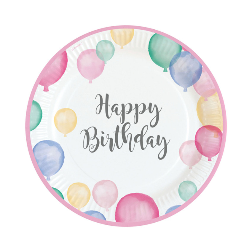 Lot de 8 assiettes en carton Happy Birthday pastel 23 cm
