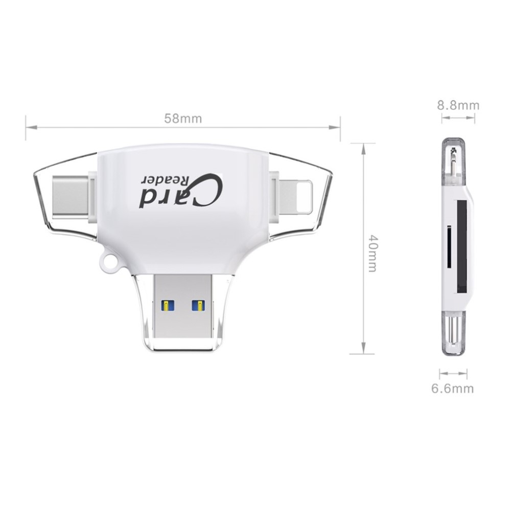 4in1 USB Mini Kartenlesegerät Card Reader Lightning / Micro USB / USB C / MicroSD & SD Karte - Weiss