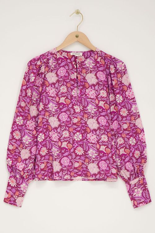 Paarse blouse met roze bloemenprint