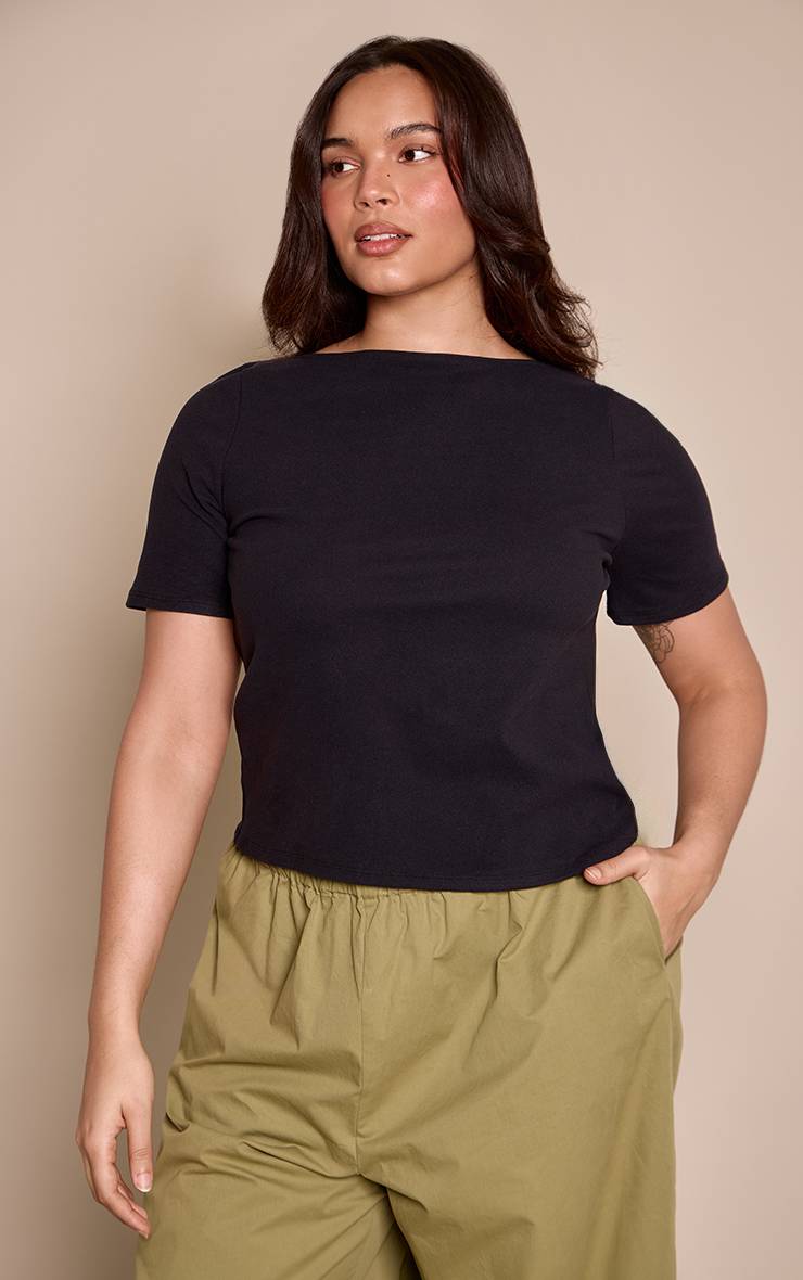 Noir T-shirt Col Bateau Toucher Doux Plus