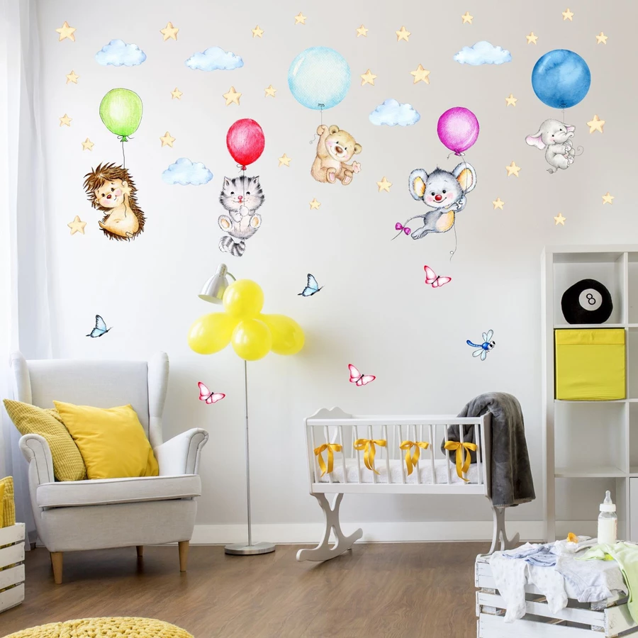 Nikima Wandtattoo 123 niedliche Tiere mit Luftballons Igel Katze Maus Bär Elefant bunt