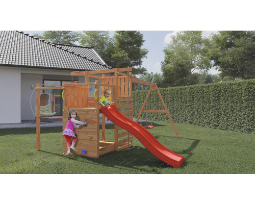 Marimex Play 021 speeltoren, hout en metaal, natuurlijke afwerking, inclusief basistoren, laddersporten, klimtouw, 2 schommelsets, glijbaan, klimwand, klimgrepen, platform en touwladder.