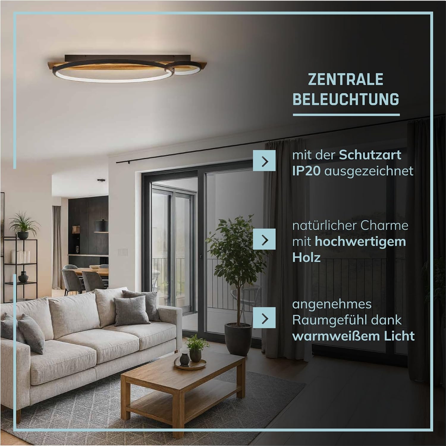 Lightbox moderne LED Deckenlampe im Nature Stil - Deckenleuchte mit 3 Stufen Dimmer & 2 LED-Ringe am Holz Balken - 70 x 30 cm - 3300 lm, 3000 K - aus Kiefernholz/Metall in Schwarz/Hell-Braun