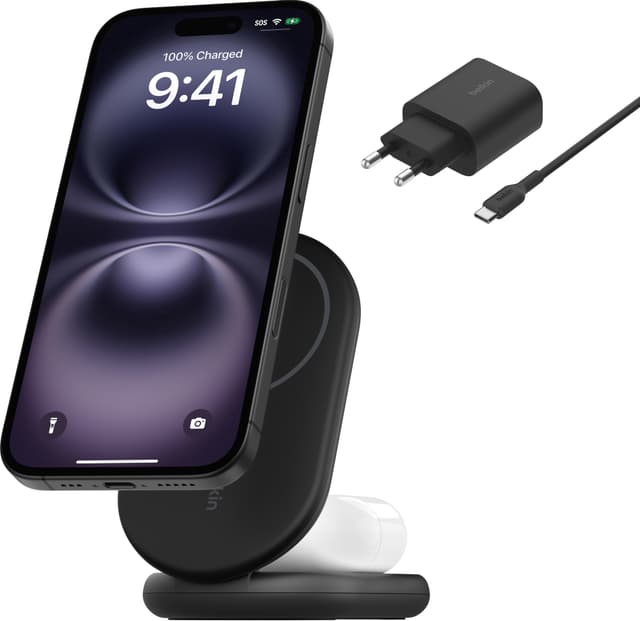 Belkin BoostCharge 2-i-1 15W Qi2 magnetisk oplader (sort)