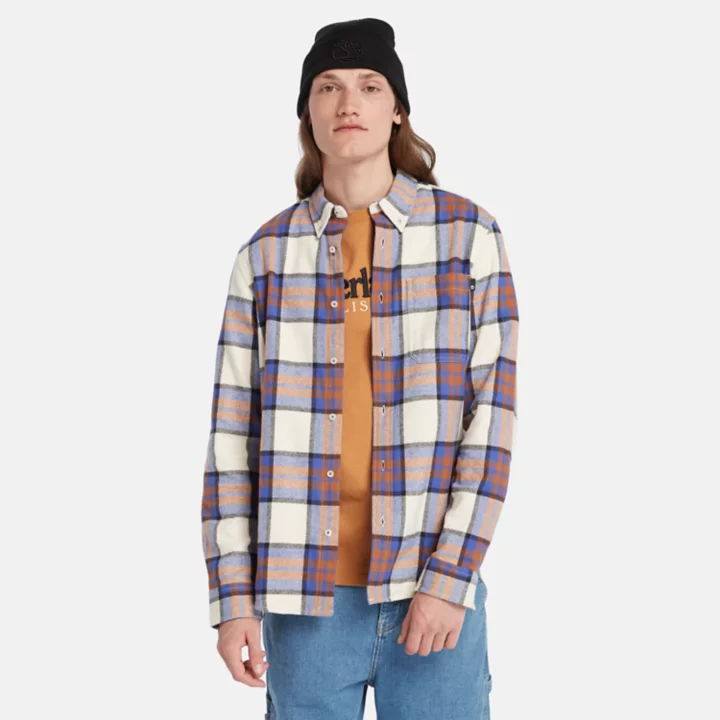 Camisa de flanela xadrez masculina em azul/branco/laranja