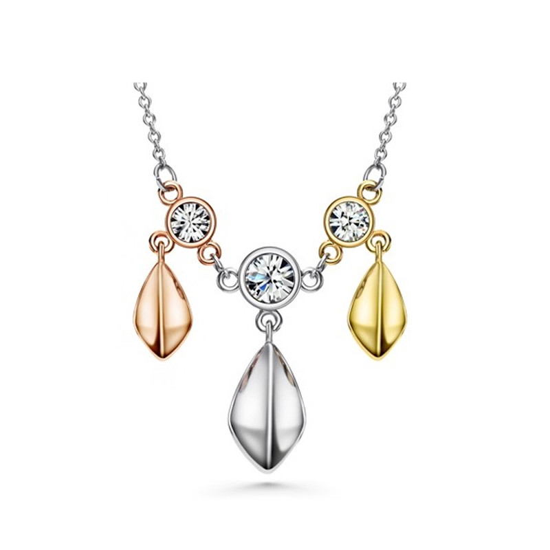 Collier 3 Ors Jaune, Blanc et Rose, orné de cristal de Swarovski Blanc et Plaqué Rhodium