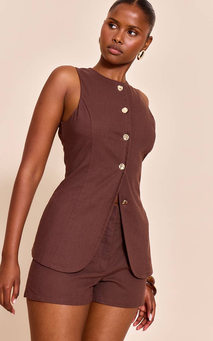 Marron Foncé Gilet Texturé Coordonné Avec Finition Boutons Dorés