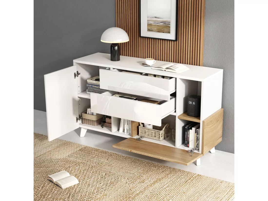 Buffet brillant 130x40x70cm - 2 portes - 2 tiroirs - avec compartiments de rangement - blanc