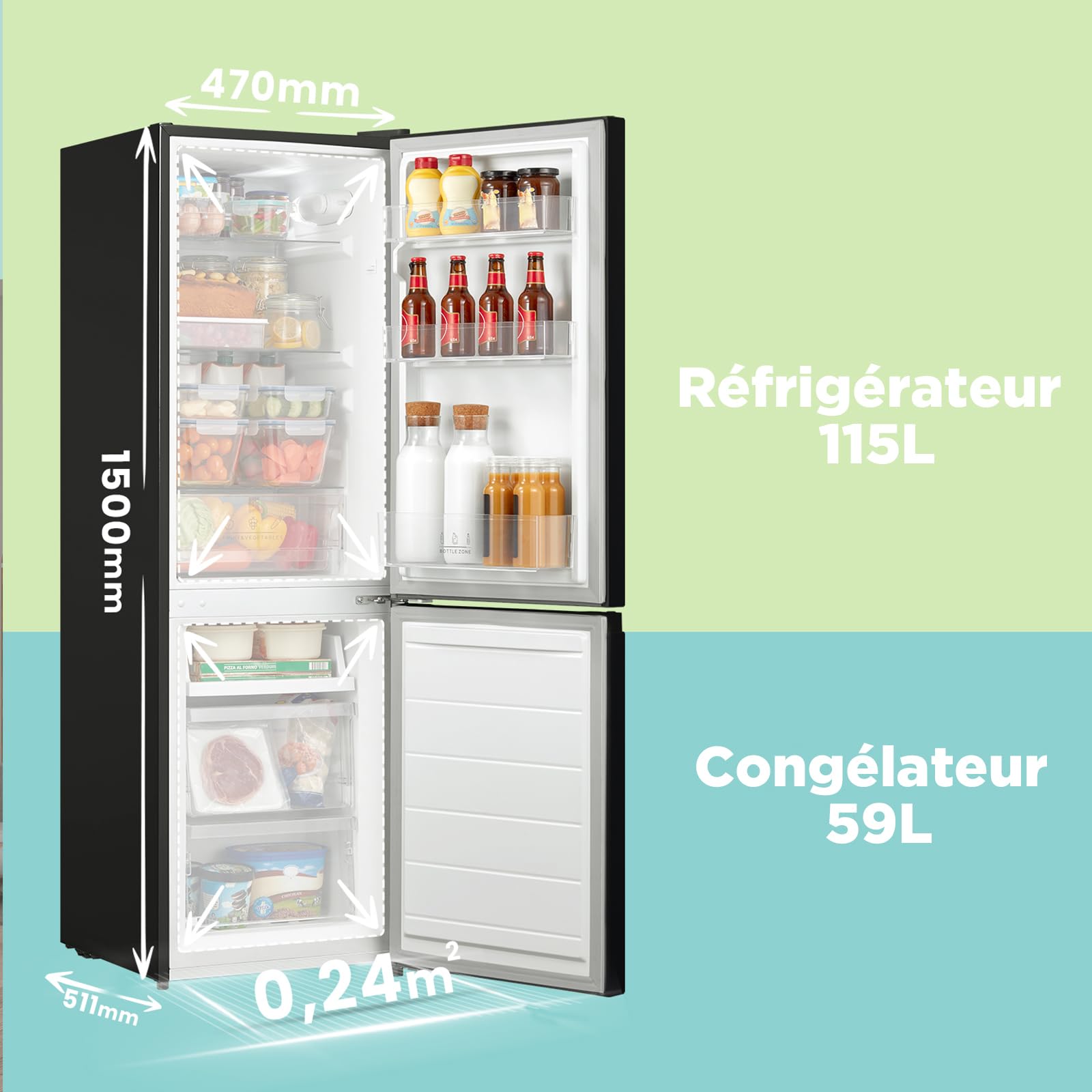 Comfee' RCB169DK2(E) 174L Réfrigérateur avec Congélateur/Hauteur 150 cm/Low Frost/Température Réglable du Réfrigérateur/Lumière LED/195 kWh/an/115L Ré